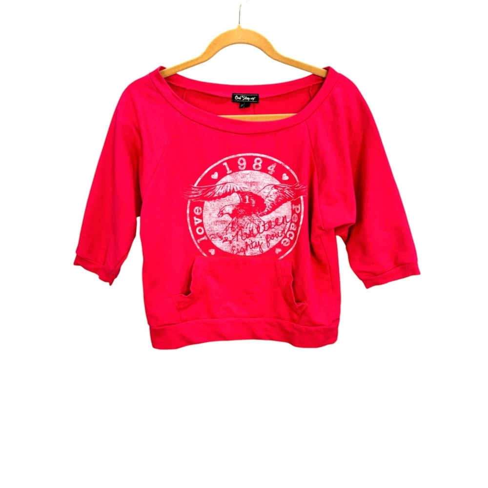 One Step Up Women's Sz L Red Graphic Print Sweatshirt Front Pocket & Button Back